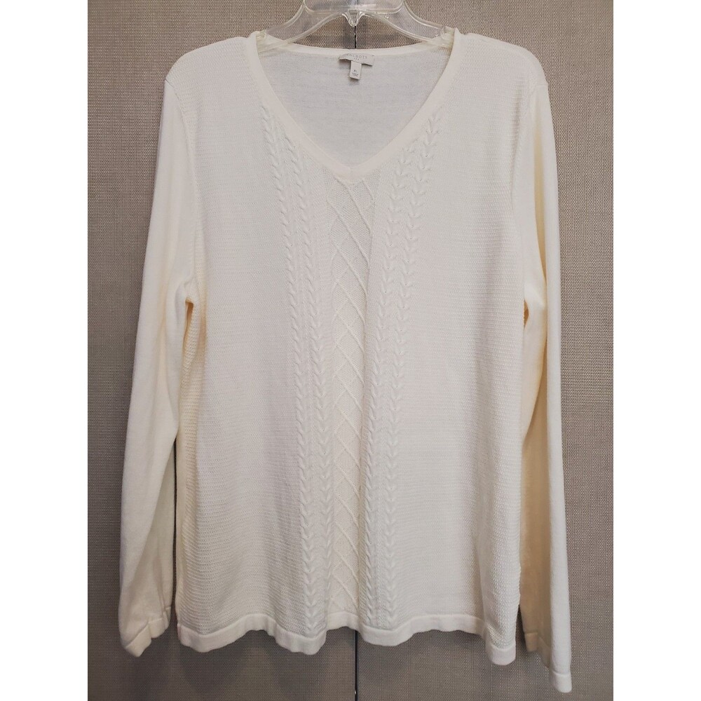 Talbots Cotton Ivory Cable-Knit Detail Long Sleeve V-Neck Sweater Size XL